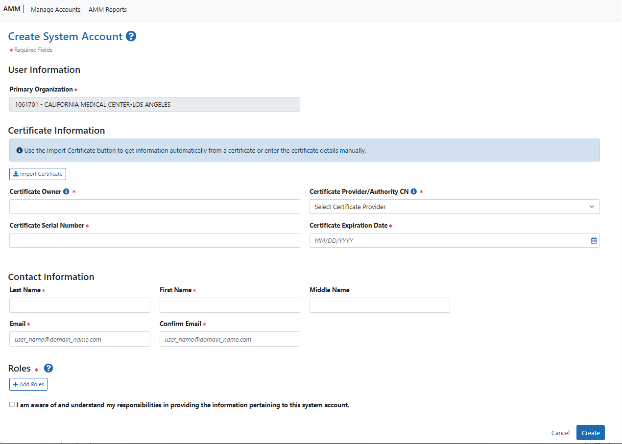 Screenshot of the Create System Account screen